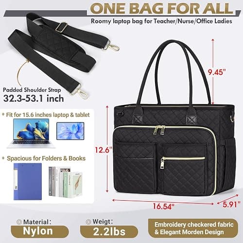 RAINSMORE Teacher Tote Bag 15.6 inch Laptop Bag for Women Work Bags Laptop Tote Nurse Bag Professional Computer Messenger with Insulated Pocket, Laptop Briefcase for Office, College, Nursing, Black thumbnail 5