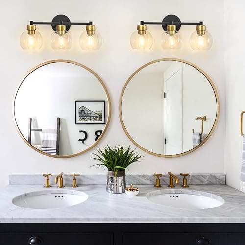diniluse Black and Gold Bathroom Light Fixtures, 3 Lights Bathroom Vanity Light Round,Vanity Lights with Clear Globe Glass Shades, Wall Sconce for Mirror, Bedroom, Living Room, Kitchen - Gold - 3-Light thumbnail 2
