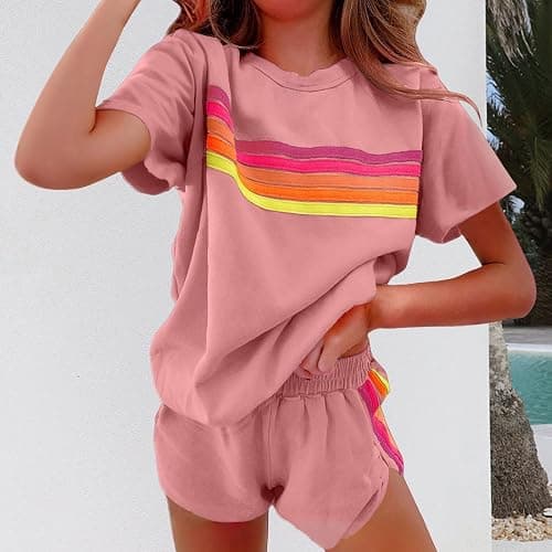 Women's 2 Piece Sets Summer Rainbow Striped Short Set Comfortable Short Sleeve Top and Shorts Matching Set thumbnail 2