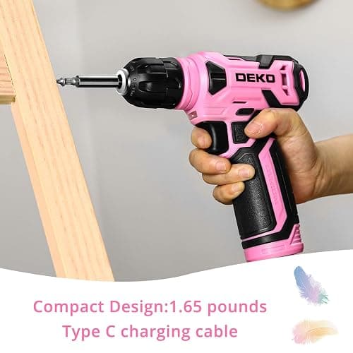 DEKOPRO 8V Cordless Drill, Drill Set with 3/8"Keyless Chuck, 42pcs Acessories, Built-in LED, Type-C Charge Cable, Pink Power Drills for Drilling and Tightening/Loosening Screws thumbnail 4
