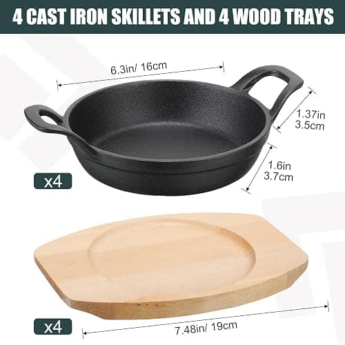 Sliner 4 Sets Mini Cast Iron Skillet Small Cast Iron Plates Skillet with Wooden Base Small Round Pan Fajita Plate Pot for Baking Cooking(6.3 Inches) thumbnail 3