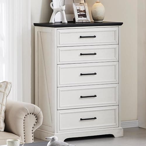ACCOHOHO Farmhouse 5 Drawers Dresser Chests for Bedroom,46" Tall Wood Rustic Chest of Drawers with Wide Metal Handle,Natural Texture,Drawer Organizer for Bedroom,Living Room,Hallway and Entryway,White thumbnail 6