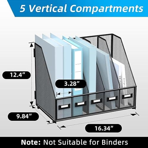 SUPEASY Desk Organizers Metal Desk Magazine File Holder with 5 Vertical Compartments Rack File Organizer for Office Desktop, Home Workspace, Black thumbnail 2