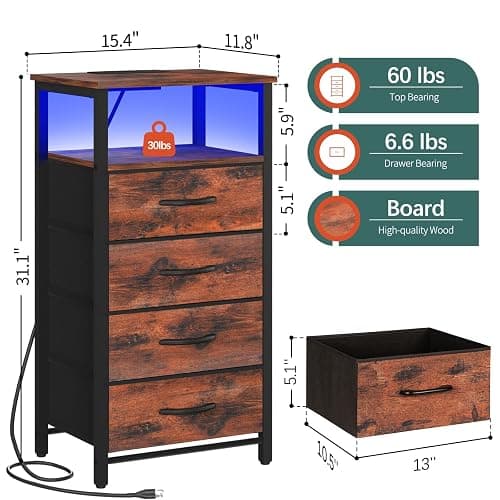 Yoobure Night Stand - LED Rustic Nightstand with Charging Station, Bedside Table with 4 Storage Drawers and Storage Shelf, End Table with USB Ports and Outlets thumbnail 3