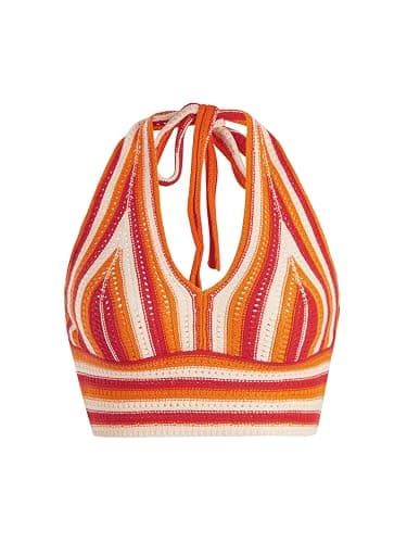 Verdusa Women's Colorblock Striped Crop Halter Top Tie Backless V Neck Going Out Tops Summer Vacation Outfits - Image 1