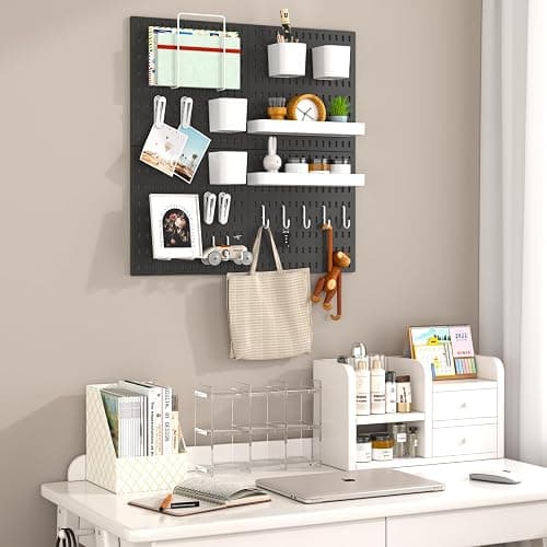 VEOFEMLEA Peg Board Combination Kit, 4 Pegboards with 20 Accessories, Pegboard Wall Organizer for Office, Nursery & Home Storage, Key Holder, 25.6"x25.6" – Nail-Free Installation（Black） thumbnail 6