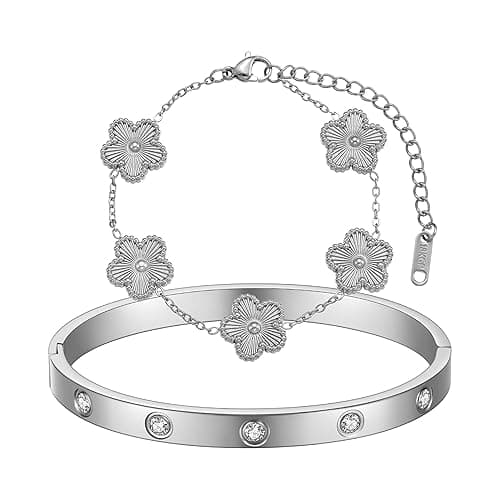 FUNIO 18K Gold Plated Clover Bracelet Love bangle Set for Women - Stack Friendship Bracelet Lucky Link Bracelets Jewelry Gifts Trendy for Women - Silver