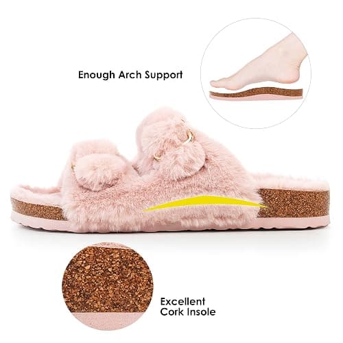 FITORY Womens Open Toe Slipper with Cozy Lining,Faux Rabbit Fur Cork Slide Sandals Size 6-11 thumbnail 4