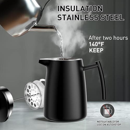 Secura 50oz French Press Coffee Maker – 304 Stainless Steel, Insulated Coffee Press with Extra Filter, Black thumbnail 6