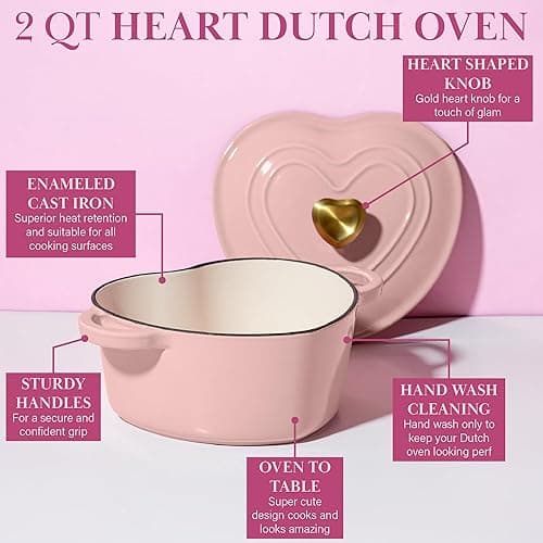 Paris Hilton Enameled Cast Iron Dutch Oven Heart-Shaped Pot with Lid, Dual Handles, Works on All Stovetops, Oven Safe to 500°F, 2-Quart, Pink thumbnail 8