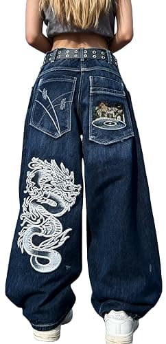 Unisex Y2K Hip Hop Street Jeans with Skeleton Print, Gothic Baggy Jeans, Vintage High Waist Denim, Wide Leg Pants - Image 1