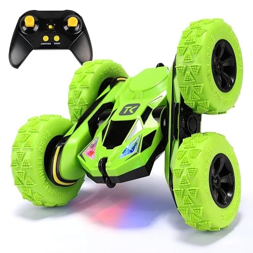 Threeking Remote Control Car RC Cars Toys for Boys Girls Ages 6-12, 4WD Stunt Car with Breathing Soft Lights, Double-Sided Driving & 360° Flips, Presents Gifts, Green - Image 1