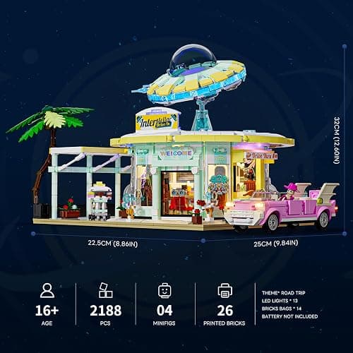 Lumibricks Interstellar-Diner Lighting-Building-Bricks City Set - 2188 Pcs Road UFO Drive-in Restaurant Modular Collection LED Light Space Car Restaurant Set for Adults and Travelling Enthusiasts thumbnail 2