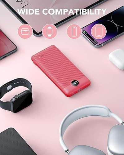 Portable Charger Built-in Cables and AC Wall Plug, VRURC USB C Power Bank 10000mAh, Travel Battery Portable Phone Charger Compact Lightweight External Battery Pack for SmartPhones,Tablets-Viva Magenta thumbnail 7