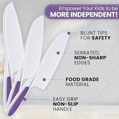 Zulay 3-Piece Kids Knife Set for Real Cooking & Baking - Toddler Knives for Cutting Fruits, Veggies, & Cake - Children’s Montessori Knife with Serrated Edges - Safe & Fun Lettuce Knife (Purple) thumbnail 4