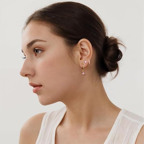 3 Pairs 925 Sterling Silver Colored CZ Hoop Earrings Set for Women | Hypoallergenic Comfort, Huggie, Dangle and Stud Styles for Multiple Piercings, Dainty Ear Stack, Gift for He thumbnail 3