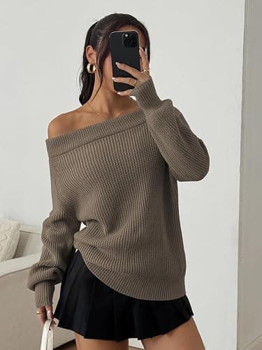 ZAFUL Sweaters for Women Off Shoulder Knit Sweater with Long Sleeve Loose Pullover Jumper Tops thumbnail 2