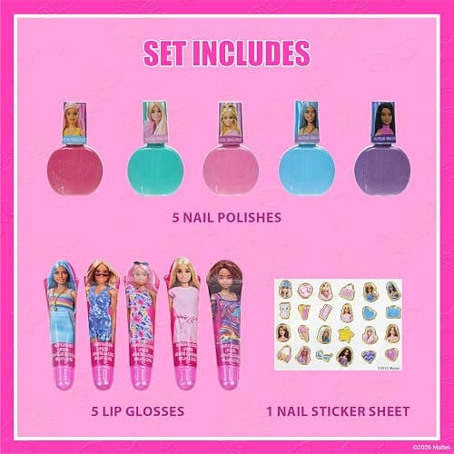 Barbie Cosmetic Makeup Set for Girls with Super Sparkly Lip Gloss Nail Polish and Nail Stickers 11 Pieces, Perfect for Parties Sleepovers Makeovers, Birthday, Ages by Townley Girl thumbnail 2