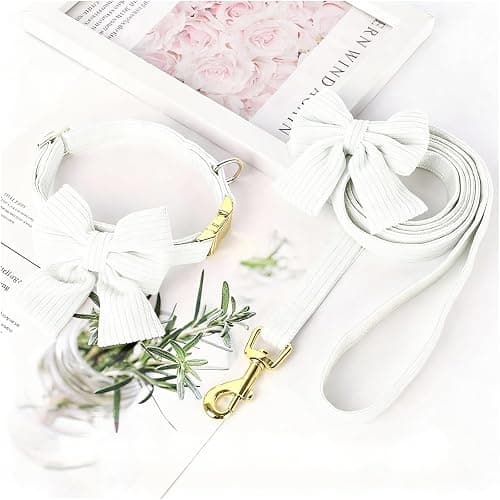 RoseYouth Dog Collar and Leash Set with Bowtie, Soft & Cute Puppy Collar, Cotton Puppy Collar with Adjustable Metal Buckle for Small, Medium Dog (White, Size S: Neck 10"-16") thumbnail 8