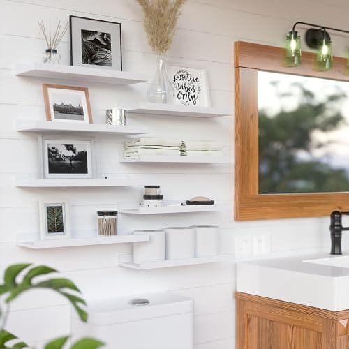 RICHER HOUSE 8 Set Floating Wall Mounted Shelves, Nursery Hanging Book Shelves with Lip for Storage, White Display Picture Ledge Shelf for Bedroom Bathroom Kitchen Living Room Wall Decor, Modern White - White - 8pcs*15.70in thumbnail 6