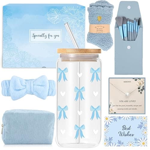 Gifts for Girls Teenage 9 10 11 12 13 14 Year Old, Valentine's Day Birthday Gifts for Girls Age 8-15, Glass Cup with Lid and Straw, Makeup Brushes Cosmetic Bag Necklace Socks Headband, Bow Coffee Cup - Image 1