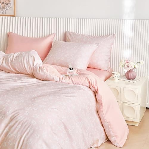 Wake In Cloud - Coquette Duvet Cover Set, Floral Cottagecore Flower Shabby Chic Cute Aesthetic, Soft Lightweight Bedding for Women Teen Girls, 3-Piece, Light Pink, Queen Size thumbnail 2