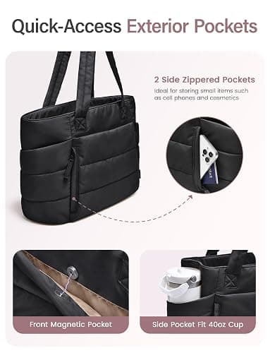 Uselike Tote Bag for Women with Zipper, Quilted Puffer Tote Bag with Compartments, Lightweight Puffy Work Bags for Women thumbnail 4
