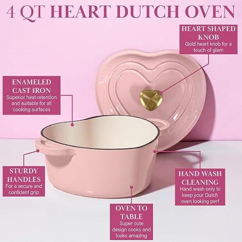 Paris Hilton Enameled Cast Iron Dutch Oven Heart-Shaped Pot with Lid, Dual Handles, Works on All Stovetops, Oven Safe to 500°F, 4-Quart, Pink thumbnail 7