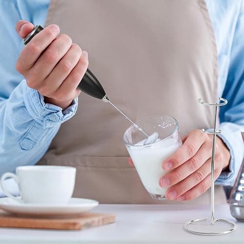 Milk Frother Handheld for Coffee with Stand - POWSAF Hand frother Wand, Electric Whisk Drink Mixer Mini Foamer for Cappuccino, Frappe, Matcha, Hot Chocolate, Silver/Black thumbnail 2