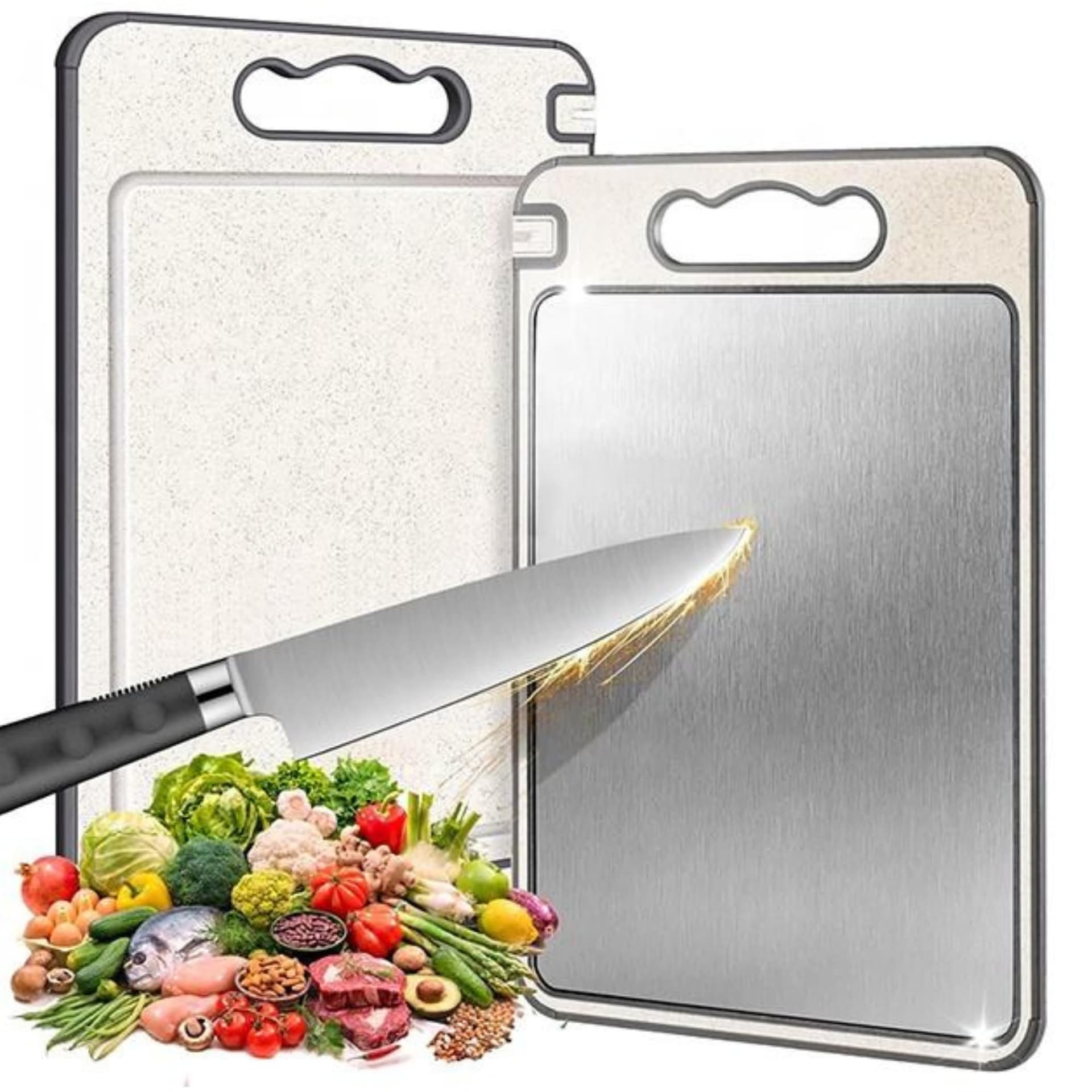Tábua de Corte Inox Cozinha Dupla Face Aço Inoxidável e PP, Superfície Higiênica para Carnes, Frutas e Vegetais, Afiador Integrado Base Antiderrapante e Alça Ergonômica Premium - Image 1