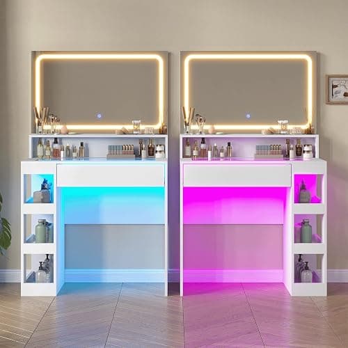 HuaYing Makeup Vanity Desk with Mirror and Lights, LED Tempered Glass Top, 3 Lighting Modes Brightness Adjustable,Power Outlet,Bedroom Dressing Table, Snow White thumbnail 7