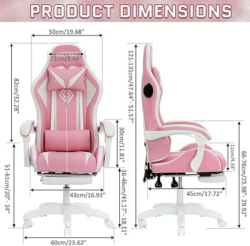 HOFFREE Pink Gaming Chair with Speakers and Led Lights Massage Video Game Chair with Footrest Reclining Computer Gaming Chair for Girls - Pink thumbnail 2