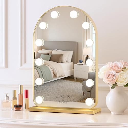 LUXFURNI Vanity Mirror with Lights, 20.5" L x 13" W Arched LED Makeup Mirror, Lighted Makeup Mirror with Lights, Smart Touch Control Dimmable 3 Modes Light, Gold thumbnail 7