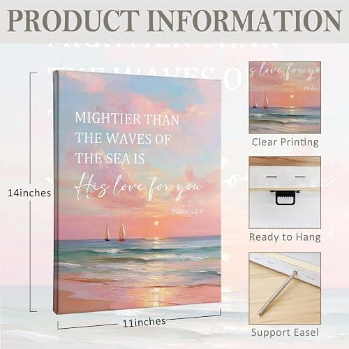 PHAMTE Christian Coastal Beach Landscape Wall Art Decor Canvas 11x14, Pink Beach Pictures Decorations, Religious Bible Verses Coastal Framed Prints Artwork for Home Bedroom Living Room Decor thumbnail 7