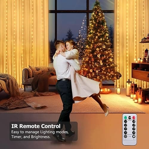 KepStars Curtain Lights 10ft x 10ft, 300 LED Twinkle Fairy String Lights Curtain with Remote & Timer, IP65 Waterproof, USB Powered for Indoor Outdoor Wall Bedroom Backdrop Christmas Decor - Warm White thumbnail 3