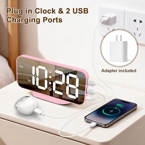 ALANAS Pink Mirror Digital Alarm Clock for Girls & Teens, Dual Alarms, Snooze, Adjustable Brightness, 2 USB Ports, Weekday Display, Cute Bedside Clock for Kids, Bedroom, Desk, Dorm, Gift Idea thumbnail 4