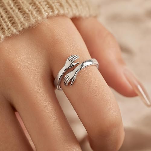 LOVECOM S925 Sterling Silver Hug Rings for Women Adjustable Hugging Hands Open Ring for Men Promise Rings Jewelry Birthday Mothers Day Gifts for Dad Mom Wife Daughters Grandma Best Friend thumbnail 5