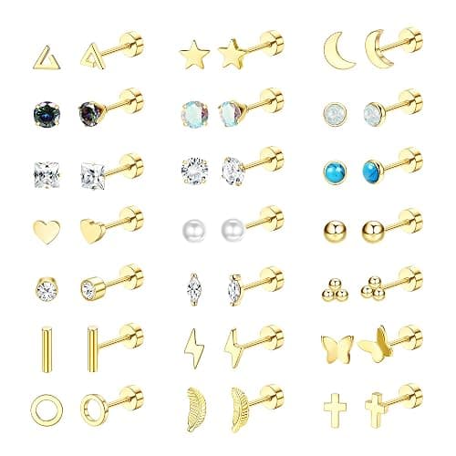 Diamday 21 Pairs Flat Back Stud Earrings for Women Men Surgical Stainless Steel Earrings Set Hypoallergenic Helix Cartilage Earrings Small Studs Earrings Screw Back Earrings Piercing Ear Studs - Image 1
