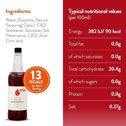 Simply Sugar Free Strawberry Syrup, Low Calorie, Vegan & Nut Free Flavoured Syrup for Coffee, Cocktails & Baking (1 Litre) thumbnail 2