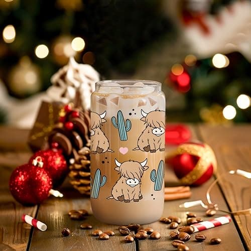 LEADO Highland Cow Cup, Cute Coffee Mug, 16 oz Glass Cups with Lids and Straws - Highland Cow Gifts for Women, Girls, Mom - Christmas, Birthday Gifts for Coffee Lovers Women, Cowgirls, Cute Stuff thumbnail 7