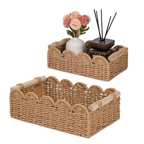 CubesLand Paper Rope Scalloped Edge Decor Baskets for Home, Living Room, Bedroom, Toilet Basket for Over Toilet Storage Shelf, End Table, Shelves and More, Both Storage&Decor, Set 2 Neutral - Image 1
