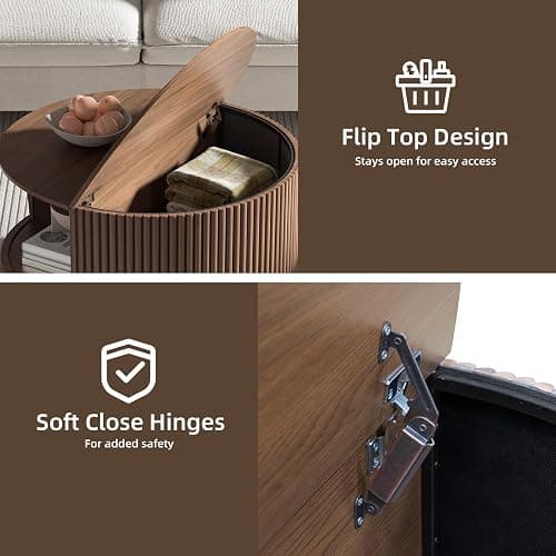 JOINICE,Round Coffee Table with Storage,Fluted Center Table with Sliding Cabinet Door for Living Room,Home Small Space,31.5" Small Center Table,Walnut - Round - Walnut thumbnail 4