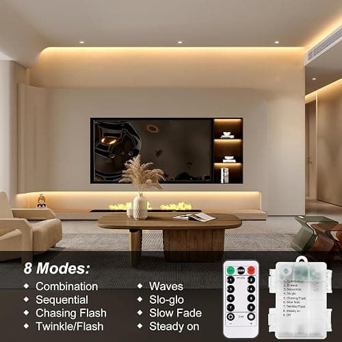CCILAND 3m Battery LED Strip Lights with Remote Control, 90 LED Lights Strip Waterproof, 8 Modes, Dimmable, Timer, Self-Adhesive, Cuttable for Bedroom Mirror Kitchen Cabinet Patio Decor (Warm White) - Warm White thumbnail 4