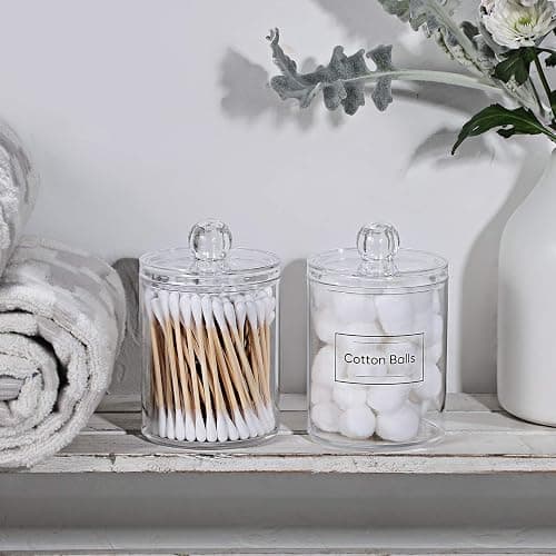 2 Pack Acrylic Qtip Holder Dispenser for Cotton Swabs, Balls, Pads, Floss Picks- Small Clear Plastic Canister Apothecary Jar Set, Bathroom Essentials Accessories Decor, Vanity Makeup Storage Organizer thumbnail 5