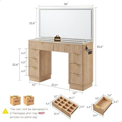 T4TREAM 48" Fluted Makeup Vanity Desk with Large Led Lighted Mirror, Modern Vanity Table with 8 Drawers & Charging Station, Glass Top Dressing Table for Bedroom, Natural Oak thumbnail 2