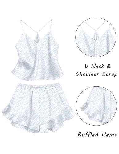Ekouaer Satin Pajama Set for Women 2 Piece Camisole Top and Shorts Silk Lingerie with Ruffle Floral Nightwear thumbnail 4