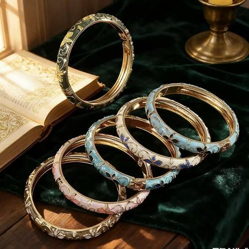 MQCEHTI Vintage Flower Cloisonne Bangle Bracelet for Women, Enamel Chunky Gold Plated Bracelets Jewelry Gifts thumbnail 7