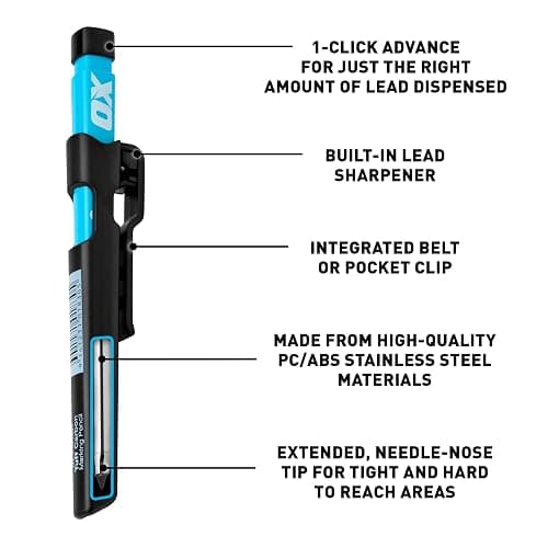 OX Tools Carpenter Pencils Mechanical Set – Heavy Duty Construction Pencil with Belt Clip, Sharpener, Holder & 4 Refillable 2.8mm Leads – Precision Mechanical Carpenter Pencil - Woodworking Pencils thumbnail 2