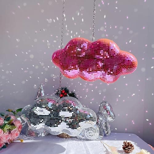 Pink Disco Ball Cloud Shaped, Hanging Disco Home Decor for Party,Room,Home, Retro Reflective Mirror Ball with Chain, Disco Ornaments, Design Patent thumbnail 9
