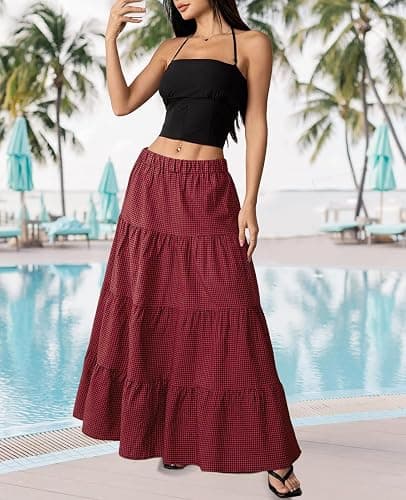 TITOMD Womens Flowy Maxi Skirts Summer A Line Ruffle Boho Long Skirt | Casual Elegant, Flared, Elastic Waist, Beach Vacation Outfits, Soft Fabric, Ideal for Spring, Fall, Daily, Going out thumbnail 4